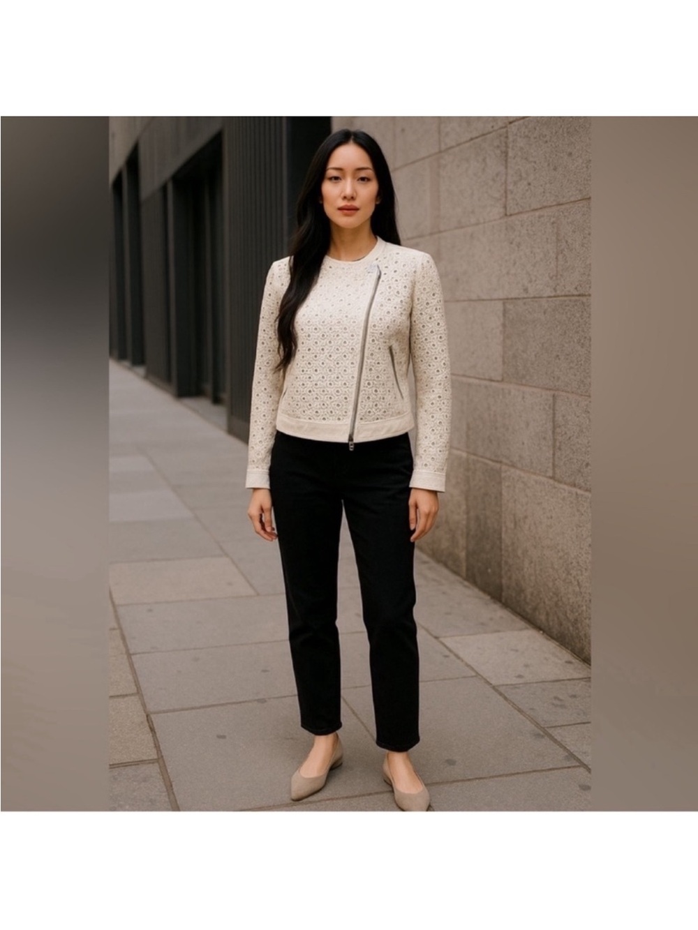 Club Monaco contemporary minimalist cotton linen crochet lace cream jacket size6